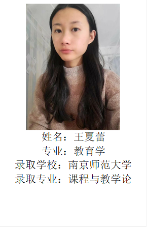  姓名：王夏蕾专业：教育学录取学校：南京师范大学录取专业：课程与教学论