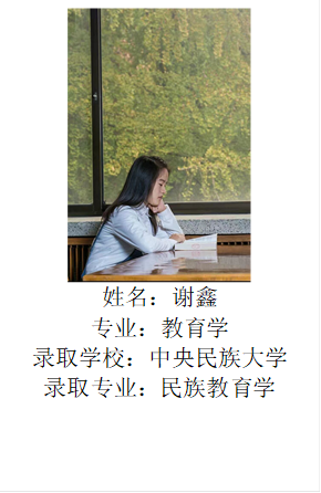  姓名：谢鑫专业：教育学录取学校：中央民族大学录取专业：民族教育学