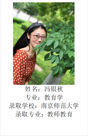  姓名：冯银秋专业：教育学录取学校：南京师范大学录取专业：教师教育